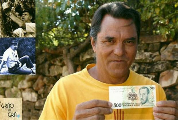 Herbert, hoje, próximo do local onde ficava o viveiro de beija-flores; ele, à época, exibindo a nota de 500 cruzados novos; e a reprodução da foto de Ruschi, próximo da cachoeira do Ribeirão