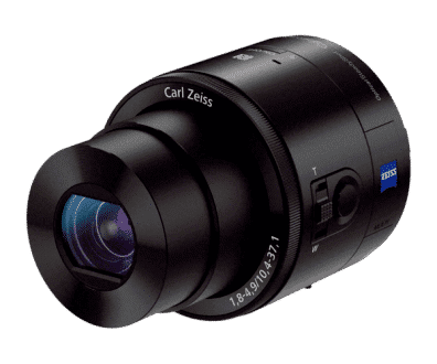 As lentes DSC-QX100 Carl Zeiss, da Sony, são bem conceituadas no mercado, mas não estão disponíveis no site brasileiro da empresa. No site global da Sony, as lentes custam US$ 500 e são compatíveis com smartphones Android e iOS. Com zoom ótico de 3.6 x, conexão Wi-Fi e NFC.