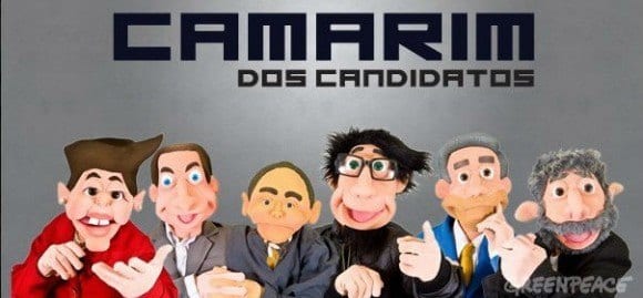 Na ordem: Dilma Rousseff, Eduardo Campos, Marina Silva, apresentador, Aécio Neves e Lula. Foto: reprodução do vídeo do Greenpeace.
