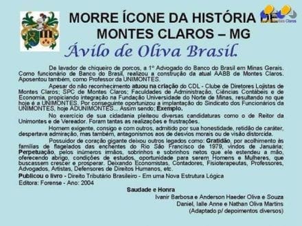 Montes Claros - Morre Ávilo de Oliva Brasil, um ícone da história de Montes Claros