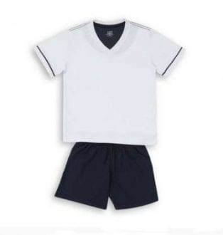 Pijama masculino de malha composto por camiseta branca e bermuda azul marinho. Da Lupo. Por R$ 75,50. SAC: 0800-707-8220