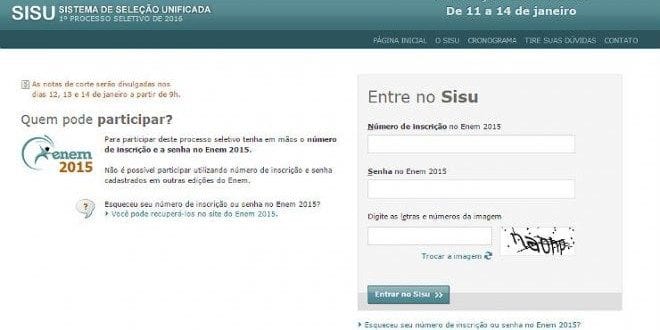 Inscrições são feitas exclusivamente pelo site do Sisu. Candidato deve informar inscrição e senha do Enem 2015.