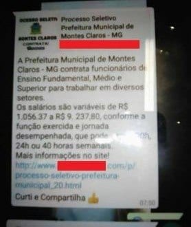 Falso processo seletivo da Prefeitura de Montes Claros está sendo divulgado nas redes sociais‏