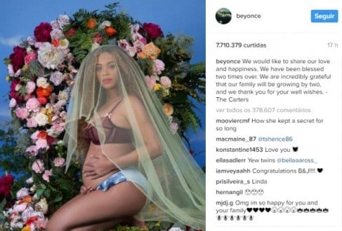 Beyoncé bate recorde do Instagram com anúncio de gravidez de gêmeos