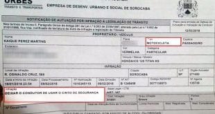 Mecânico foi autuado por pilotar moto sem cinto de segurança em Sorocaba (Foto: Arquivo pessoal)