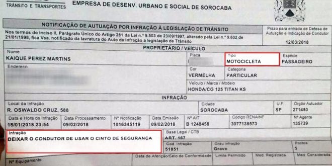 Mecânico foi autuado por pilotar moto sem cinto de segurança em Sorocaba (Foto: Arquivo pessoal)