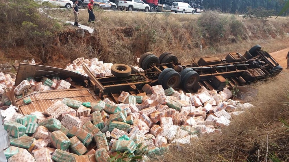 Duas pessoas morreram após caminhão sair da pista e tombar às margens da rodovia — Foto: PRF/Divulgação