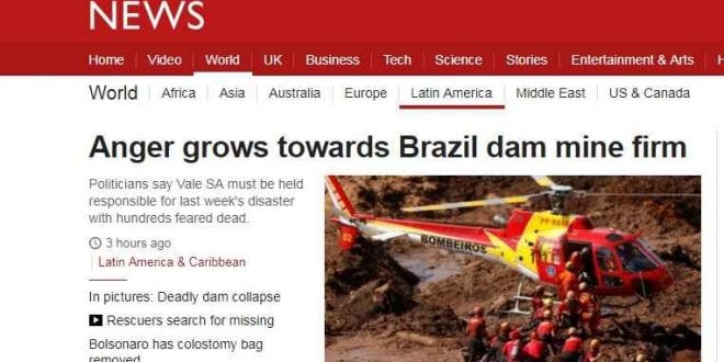 Imprensa do mundo destaca consequências para Vale após rompimento da barragem