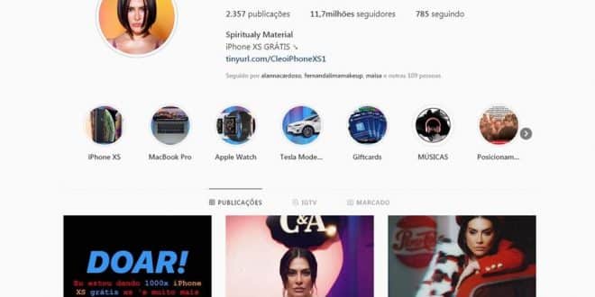 Instagram de Cleo Pires é invadido, e hackers 'oferecem' celulares de graça