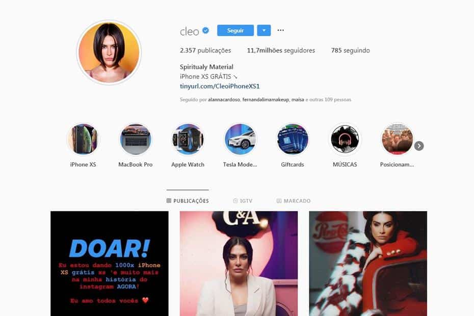 Instagram de Cleo Pires é invadido, e hackers 'oferecem' celulares de graça