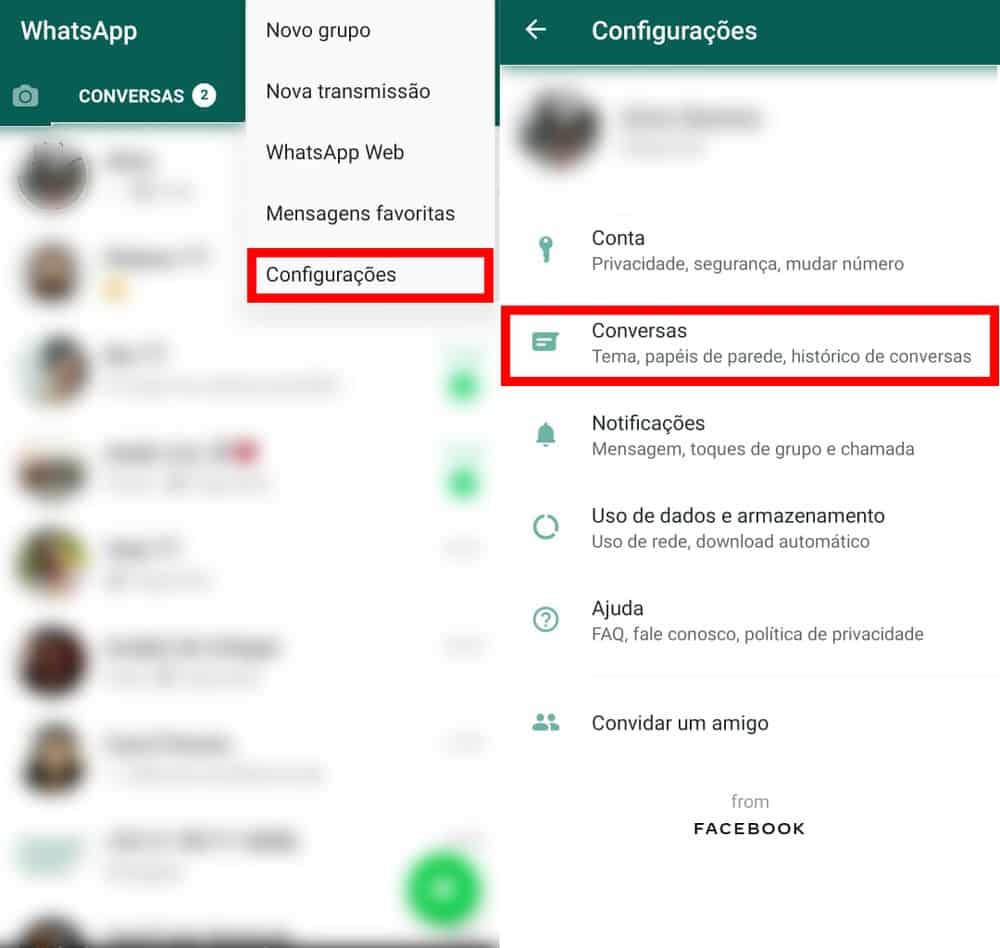 Acesse as Configurações e toque em "Conversas" para deixar o WhatsApp escuro