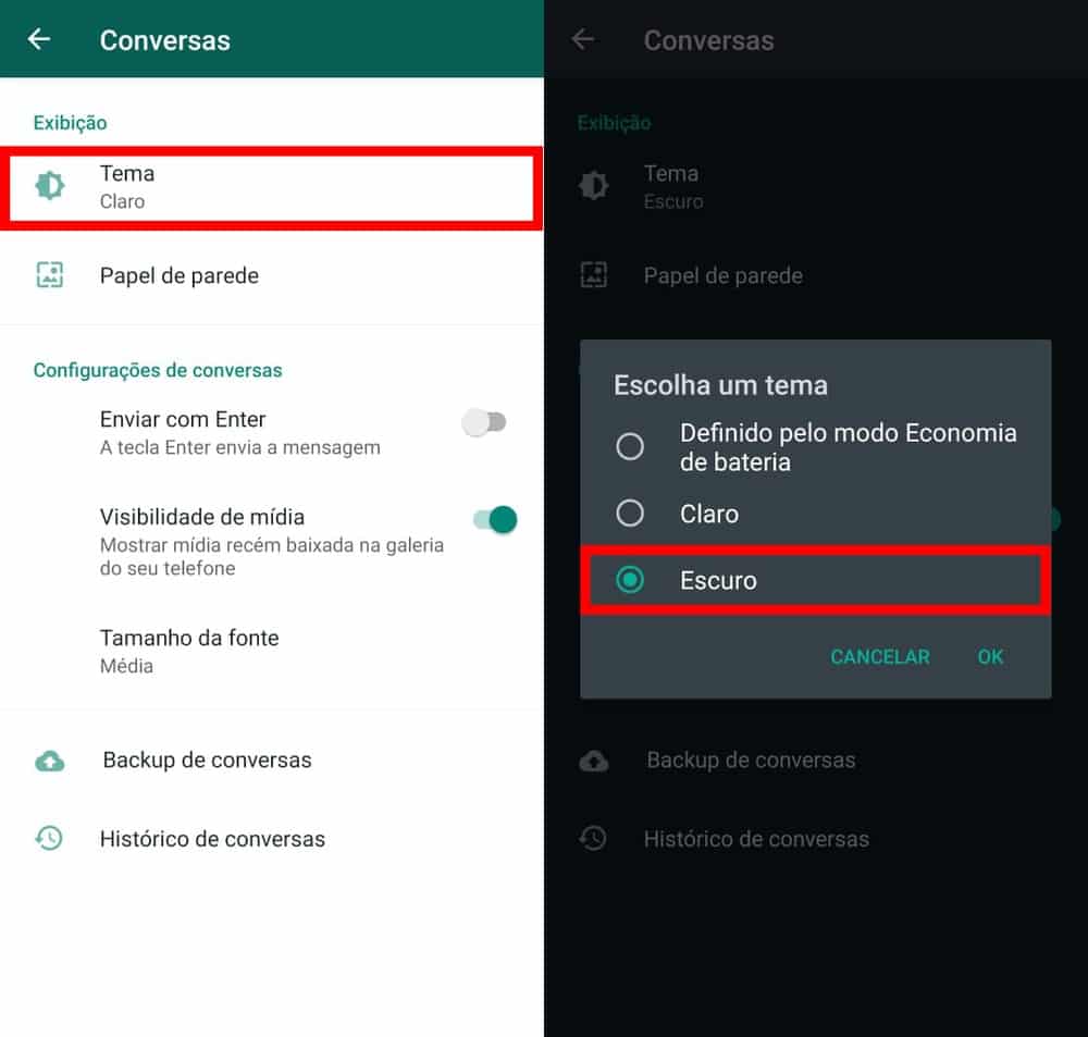 Toque sobre "Tema" e marque a opção "Escuro" para deixar o WhatsApp noturno