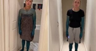 Pegadinha termina com mulher coberta de tinta azul