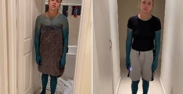 Pegadinha termina com mulher coberta de tinta azul