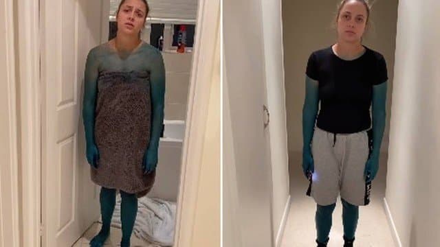 Pegadinha termina com mulher coberta de tinta azul