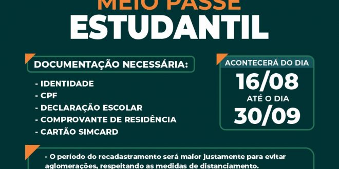 Montes Claros - Recadastramento do meio passe estudantil começa hoje em Montes Claros Montes Claros - A Prefeitura de Montes Claros começa hoje (16/08) o recadastramento do meio passe estudantil para os alunos de baixa renda matriculados em instituições do município. O prazo de recadastramento vai até o dia 30 de setembro. O período será maior justamente para evitar aglomerações. Todos os protocolos de segurança serão seguidos e não haverá contato físico entre os usuários. Os colaboradores realizarão medição de temperatura e cumprirão distanciamento e uso de máscaras para a segurança de todos. Para fazer o recadastramento, o candidato deve levar os seguintes documentos: identidades (RG) e CPFs do Estudante e do Responsável (caso o estudante seja menor de idade), declaração da instituição de ensino, comprovante de residência e Cartão Simcard do Meio Passe Estudantil. O Meio Passe é um benefício de auxílio estudantil, através do qual a Prefeitura custeia metade do valor da tarifa do transporte coletivo urbano correspondente ao percurso diário de ida e volta entre a residência e a instituição de ensino do estudante. Os interessados devem comparecer no setor de Gerência da Juventude, que fica na Praça de Esportes, das 8 às 16 horas. Mais informações podem ser obtidas pelos telefones 2211-3387 e 2211-3388.