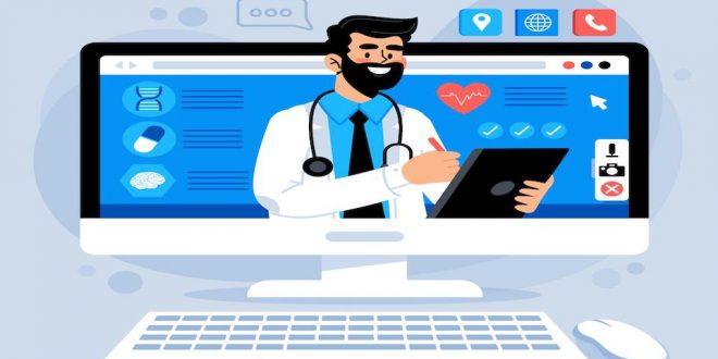 Desenho de computador com médico na tela