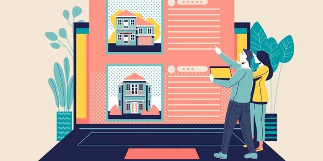 Ilustração de casal selecionando o melhor imóvel para comprar