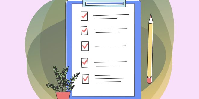 Um quadro enorme com uma lista de verificação e um lápis.