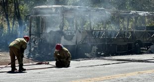 Ônibus pega fogo e fica destruído na BR-365 em Montes Claros neste domingo, 5 de julho de 2026